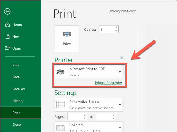 Опция за печат на PDF принтер в Excel