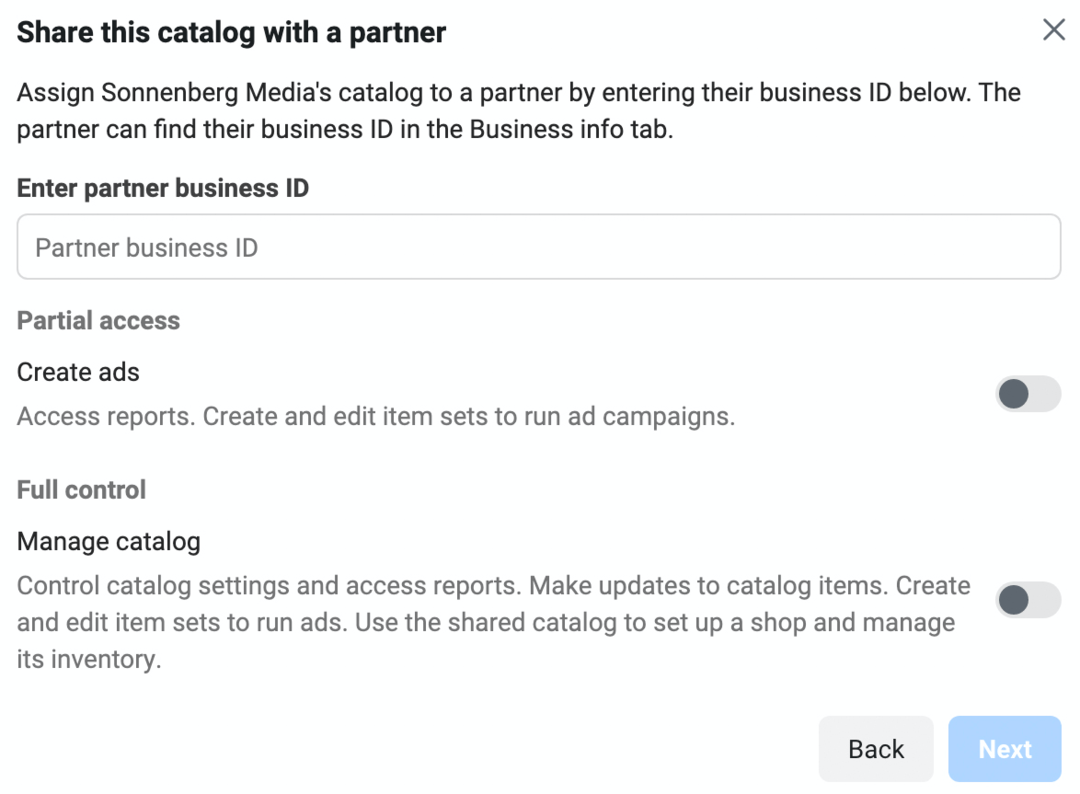 изображение на Споделяне на този каталог с екран на партньор в Meta Business Manager