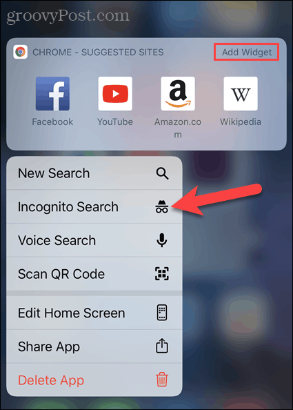 Докоснете Нов раздел „инкогнито“ от иконата на приложението Chrome на iOS