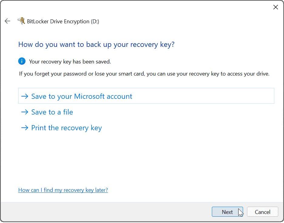 използвайте bitlocker, за да отидете на ключ за възстановяване на Windows 11