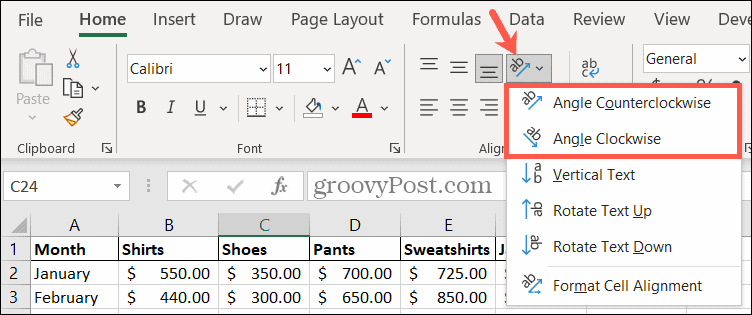 Изберете ъгъл на ориентация в Excel, за да завъртите текста