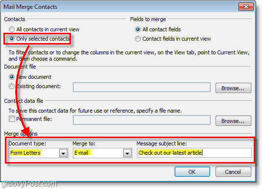 Екранна снимка на Outlook 2010 - уверете се, че опциите са правилни под контактите за циркулярни документи