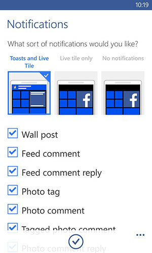 приложението facebook за опции за известия на Windows