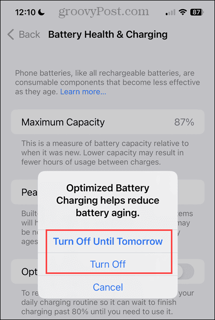 Изключете опциите за оптимизирано зареждане на батерията на iPhone