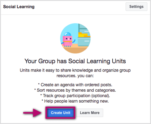 Придвижете се до раздела Units от вашата група във Facebook и щракнете върху Create Unit.