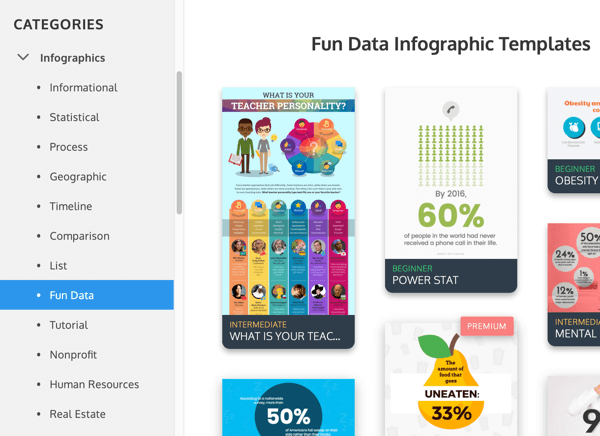 Примери за инфографични категории на Venngage под Fun Data.