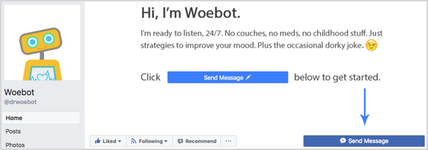 Бутонът Изпращане на съобщение на страницата на Woebot във Facebook.