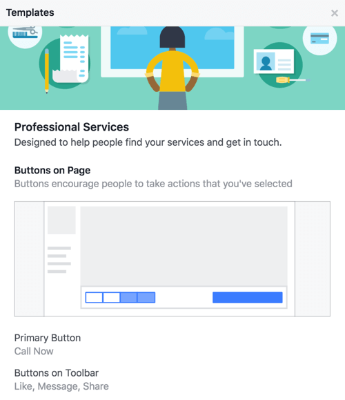 Разберете кои бутони и призиви за действие идват с шаблона на вашата страница във Facebook.