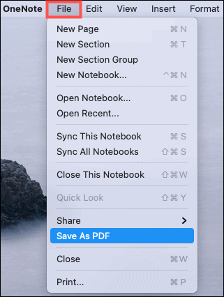 Запазване като PDF OneNote Mac