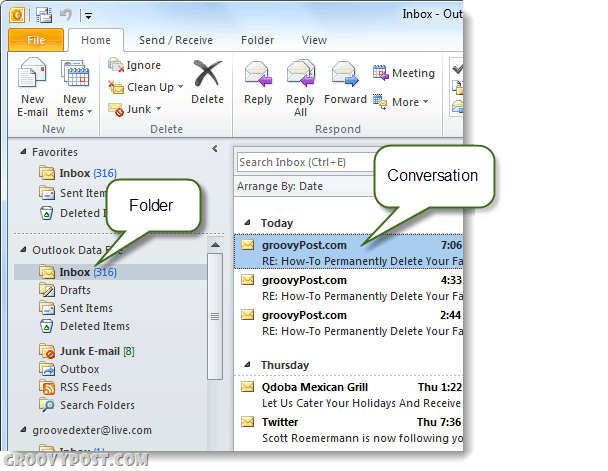 Outlook 2010 разговори и папки