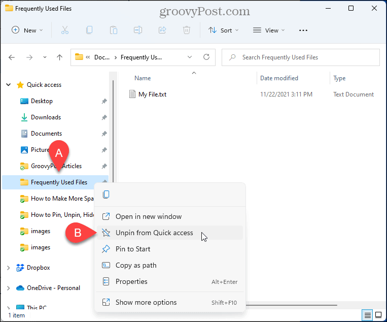 Изберете Откачане от бърз достъп във File Explorer