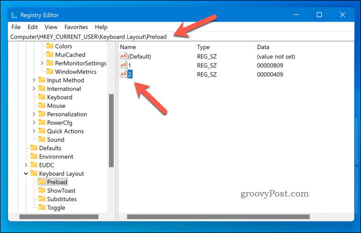 Изтрийте клавиатурна подредба с помощта на regedit в Windows 11
