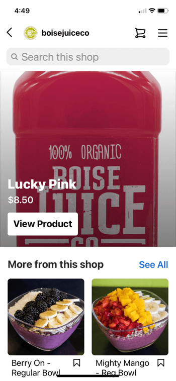 пример instagram продукт пазаруване от @boisejuiceco показва късмет розово за $ 8,50 и по-малко от това магазин се появява редовно купа с плодове и мощна манго-обикновена купа заедно с опцията за търсене в магазина