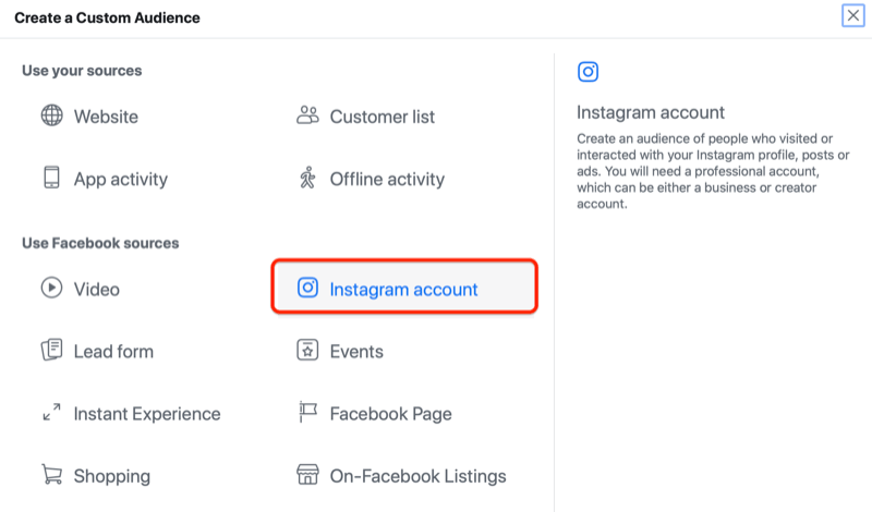 facebook ads manager създайте персонализирано меню за аудитория с подчертана опция за акаунт в instagram