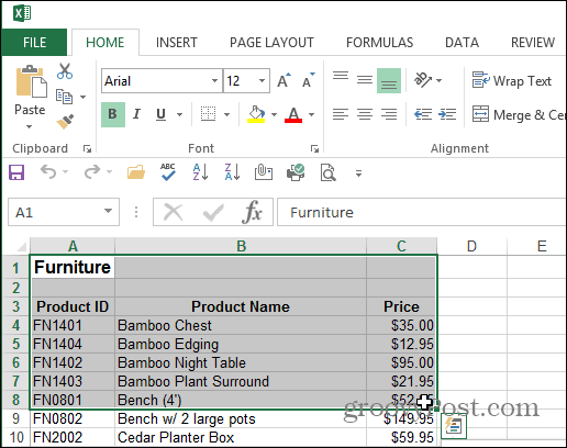 Изберете Area Excel Document
