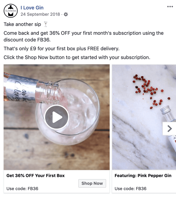 Как да създадете реклами за достигане във Facebook, стъпка 8, пример за рекламна реклама от I Love Gin
