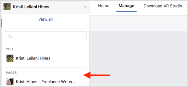 За да създадете Facebook рамка за вашето събитие, отидете на Manage Effects и изберете вашата Facebook страница.