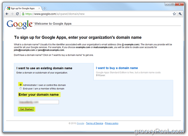 Стандартно издание за регистрация в Google Apps Въведете домейна