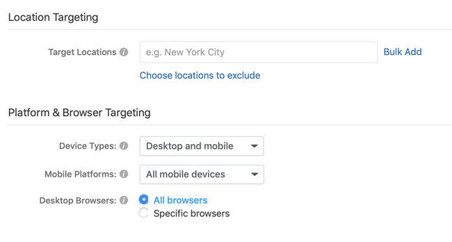 опции за насочване по местоположение и платформа за рекламна кампания Quora