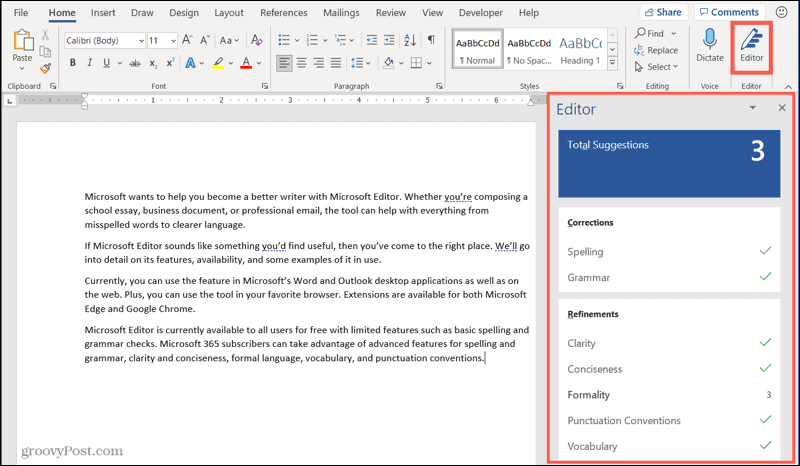 Microsoft Editor в Word за Windows