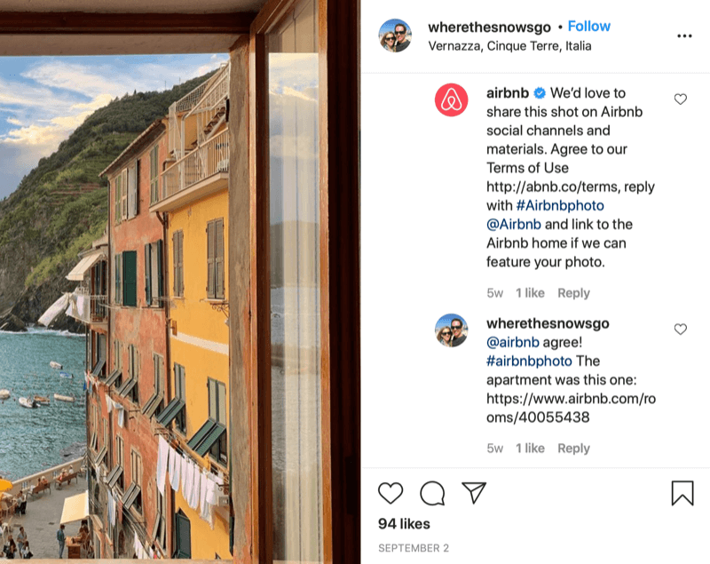 instagram писмено повторно разрешаване на пример между @wherethesnowsgo и @airbnb с airbnb с молба да сподели снимка и информация относно това как да предоставите одобрение и отговора от @wherethesnowsgo, разрешаващ повторното споделяне на снимка