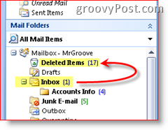 Екранна снимка на Outlook 2007, обясняваща, че изтритите елементи се преместват в папката за изтрити елементи