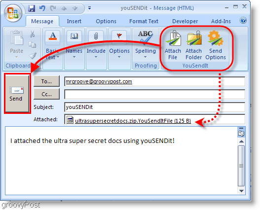 YouSendIt бутони на лентата на Outlook 2007