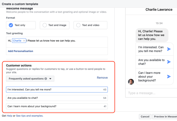 Как да конвертирате посетителите на уебсайта с реклами във Facebook Messenger, стъпка 4, пример за копиране на действия на клиенти