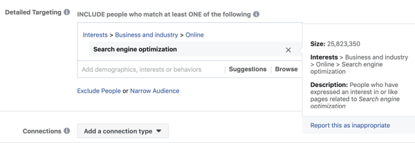 Пример за стандартно насочване във facebook за лихвеното оптимизиране на търсачки, което води до твърде голяма аудитория, на 25 милиона.