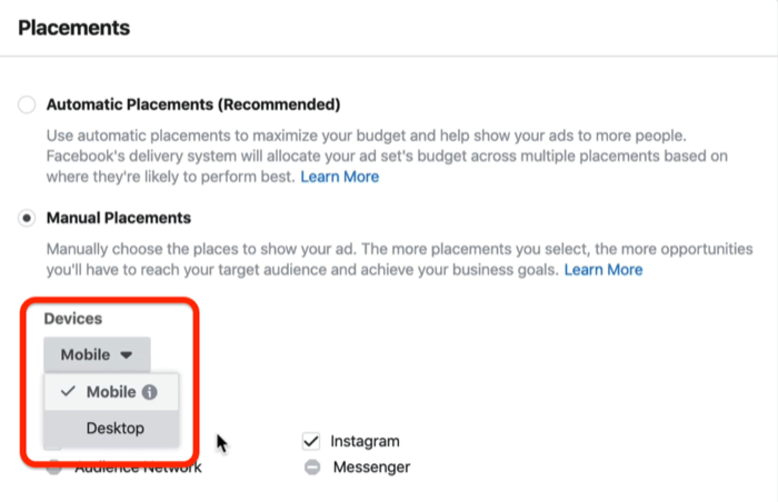 Мобилната опция е отметната в падащото меню „Устройства“ в раздела „Разположения“ във Facebook Ads Manager
