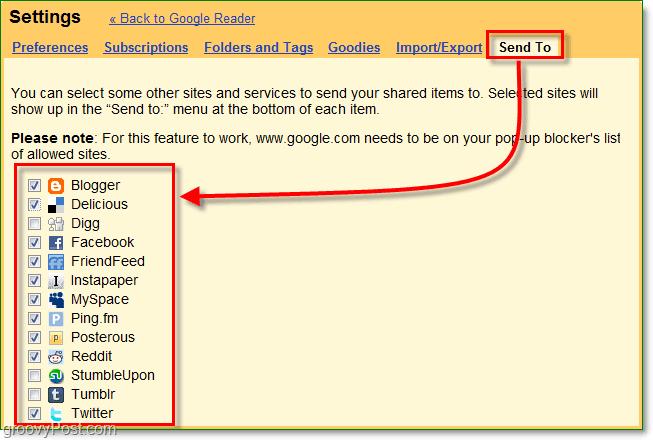 използвайте раздела „Изпращане до“ в Google Reader, за да изберете кои сайтове да се показват в списъка ви за изпращане
