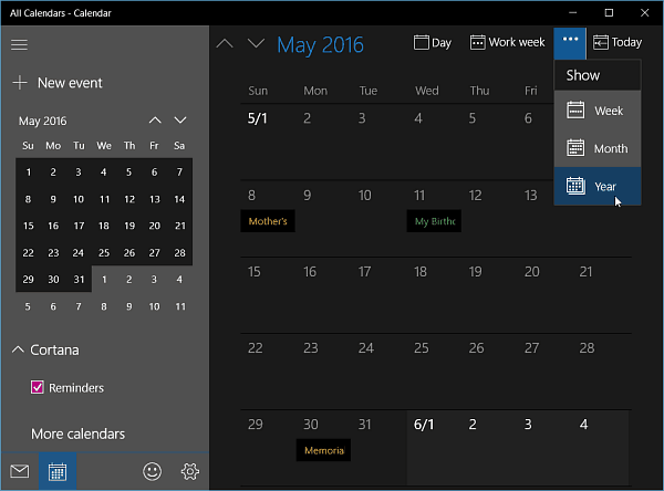 Приложението за календар за Windows 10 Insider Build 11099 получава годишен изглед