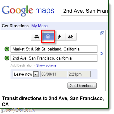 упътвания за транзит в Google Maps