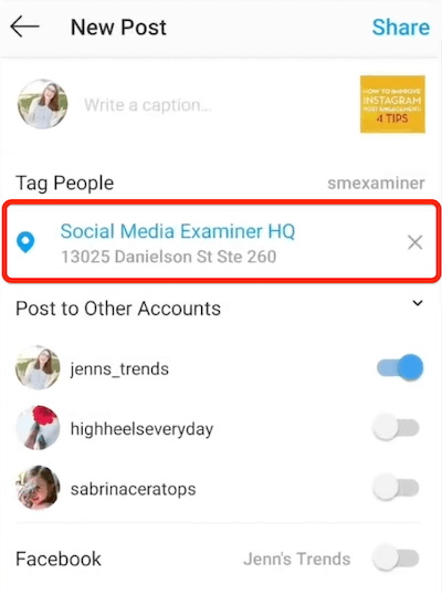 instagram нова опция за публикация, показваща местоположение, избрано за маркиране