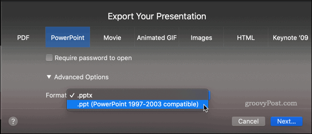 Експортиране на Keynote презентация като PPT файл