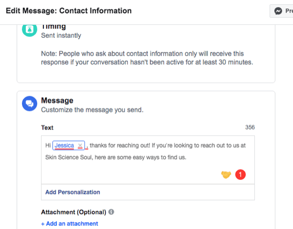 екранна снимка на интерфейса за настройка за автоматизиран отговор на Facebook Messenger Contact Information