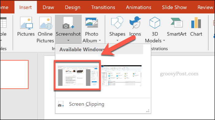 Избор на прозорец на екрана в PowerPoint