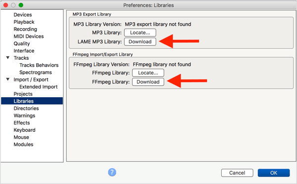Инсталирайте незадължителния MP3 кодер LAME и библиотеката FFmpeg с Audacity.
