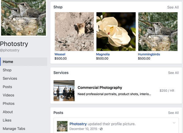 Ето как изглежда оформлението на страницата във Facebook, ако първо позиционирате разделите си Магазин и услуги.