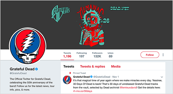 Това е екранна снимка на страницата Grateful Dead Twitter. Снимката на корицата има черен фон и червена и тюркоазена илюстрация на човек, който е наполовина скелет и наполовина космонавт. Снимката на профила е логото на Grateful Dead, което е кръг, който е наполовина син и наполовина червен. Вътре в кръга има бял череп. В областта на мозъка на черепа има още един кръг, който е наполовина червен и наполовина син, а бяла мълния дели кръга на две. Сет Годин казва, че концертите на Grateful Dead предлагат опит, който отразява принципите на доверие и напрежение, които той обсъжда в новата си книга за маркетинга.