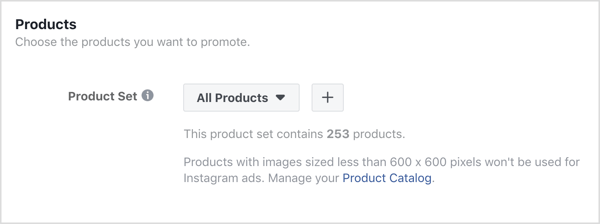 Кликнете върху знака + в раздела Продукти на ниво реклама на вашата кампания във Facebook.