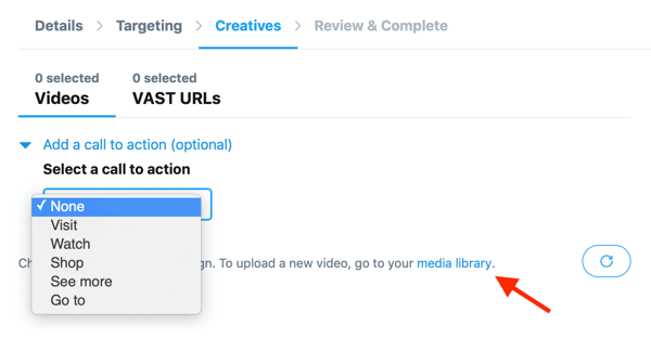 Опции за задаване на призив за действие за вашето видео, хоствано в Twitter, за вашата In-Stream Video Views (Pre-Roll) реклама в Twitter.