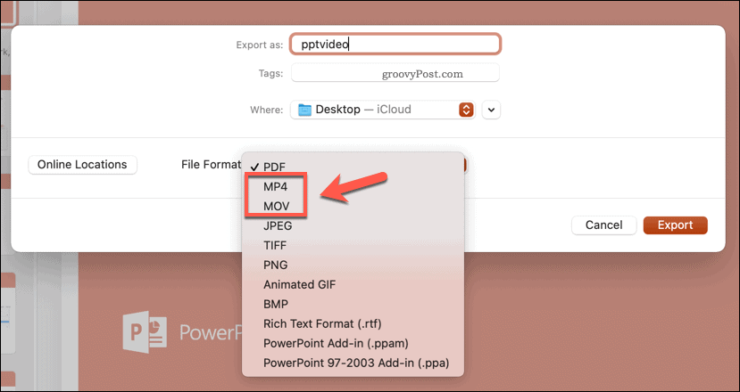 Избор на формат за експортиране на файл в PowerPoint на Mac