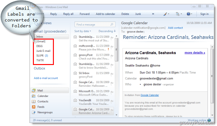 имейл клиент за жива поща на Windows, етикетите на gmail се преобразуват в папки в Windows Live Mail