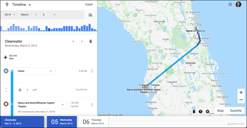 Подробности за пътуването в хронологията на Google Maps