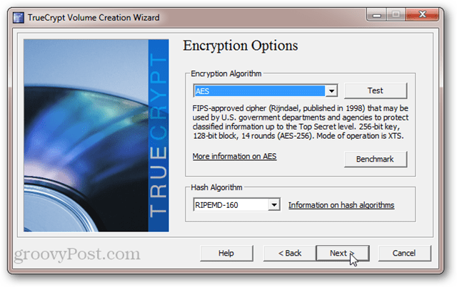 Опции за шифроване на TrueCrypt: AES, SerpentFish, Twofish, Cascades