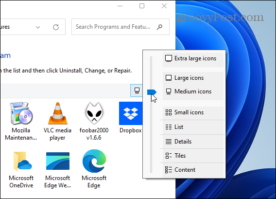 Промяна на контролния панел на размера на иконата на приложението Windows 11