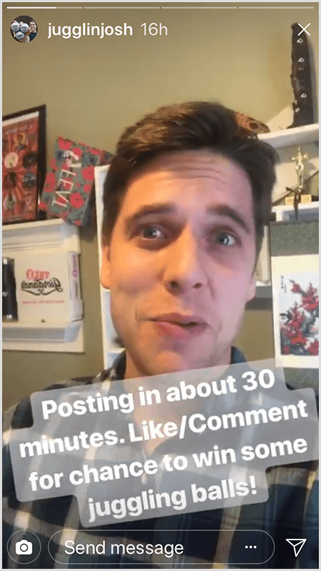 Джош Хортън в Instagram разказва, че Джош е изправен пред камерата с текст Публикуване за около 30 минути. Харесайте / коментирайте за шанс да спечелите няколко топчета за жонглиране!