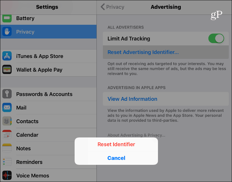 Нулиране на рекламния идентификатор iOS
