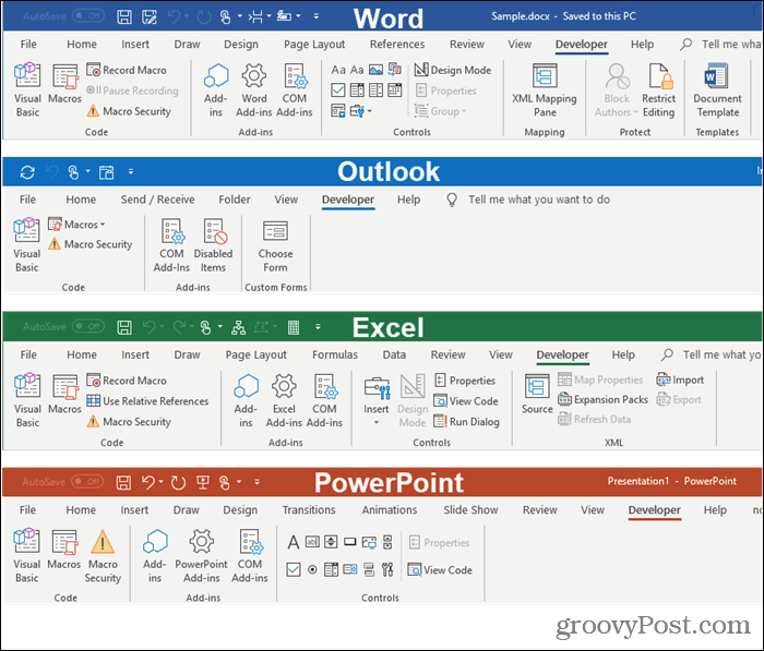 Раздели за програмисти в програмите на Microsoft Office